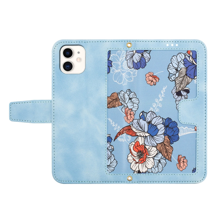 Funda de Cuero iPhone 11 Estampado Floral con Cordón (Azul Claro)