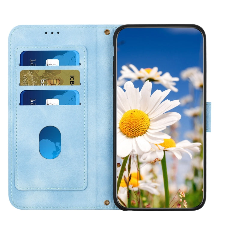 Funda de Cuero iPhone 11 Estampado Floral con Cordón (Azul Claro)