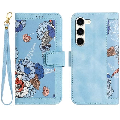 Funda Cuero Samsung Galaxy S23+ 5G Estampado Floral Cordón (Azul Claro)