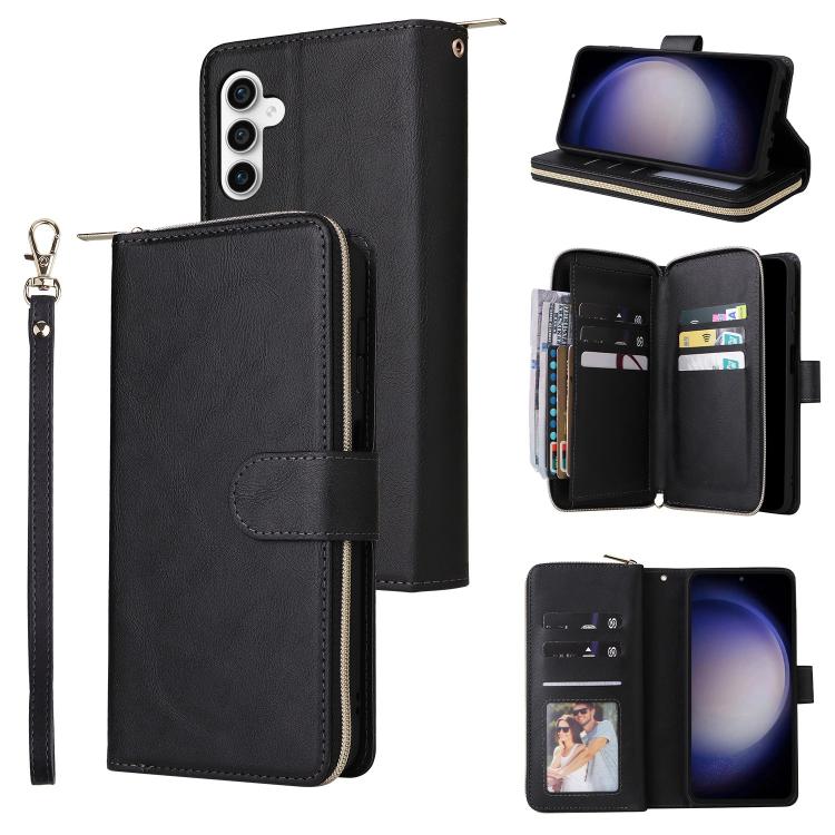 Funda de cuero con cremallera para Samsung Galaxy S25 FE 5G, 9 ranuras para tarjetas, color negro
