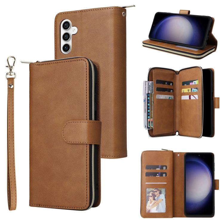 Funda de cuero con cremallera para Samsung Galaxy S25 FE 5G, 9 ranuras para tarjetas (marrón)