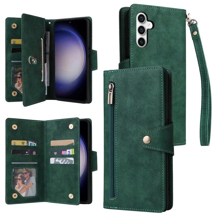 Funda de cuero con tres pliegues y hebilla de remache para Samsung Galaxy S25 FE 5G, 9 tarjetas (verde)