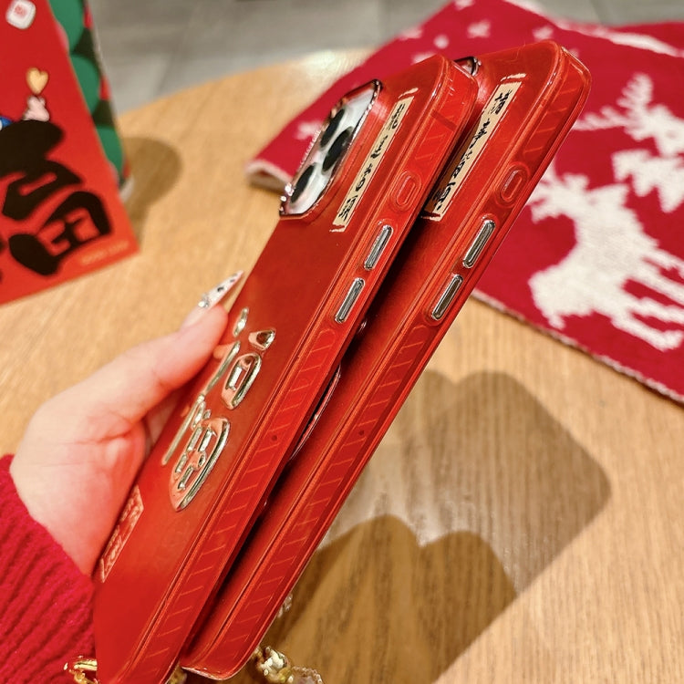 Funda para iPhone 15 Plus Get Rich Diseño Año Nuevo Estampado Dorado 3D IMD Cadena de Cristal