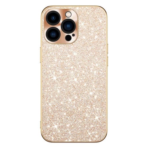 Estuche para Teléfono iPhone 15 Pro con Anillo de Lente Textura Cd y Diamante en Estrella (Dorado)