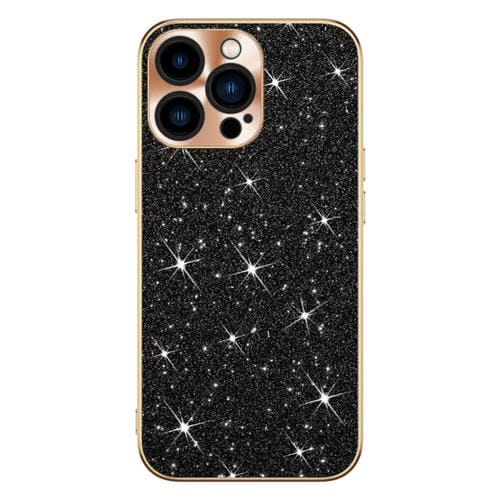 Estuche para teléfono iPhone 14 Pro con anillo de Lente y textura de CD en forma de estrella galvanizada (Negro)