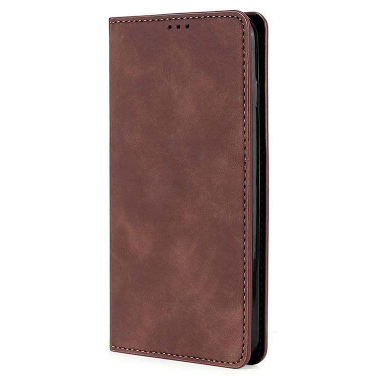 Funda de cuero magnética con textura de piel para Redmi Note 14S 4G (marrón oscuro)