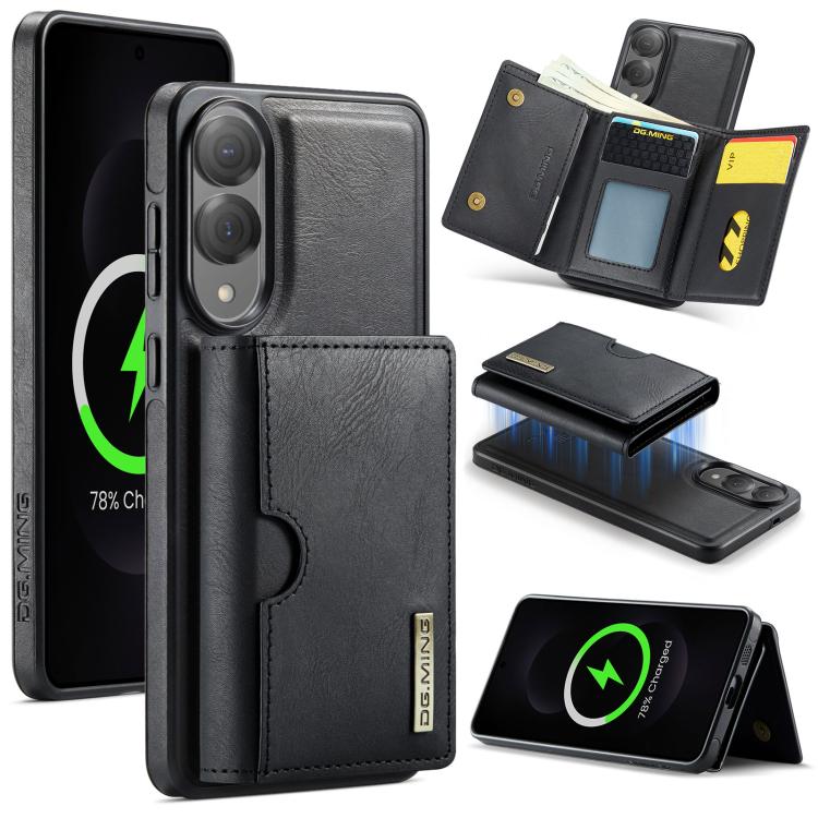 Funda de cuero extraíble con tres pliegues RFID para Samsung Galaxy S25 Edge 5G DG.MING M6 Series (negro)