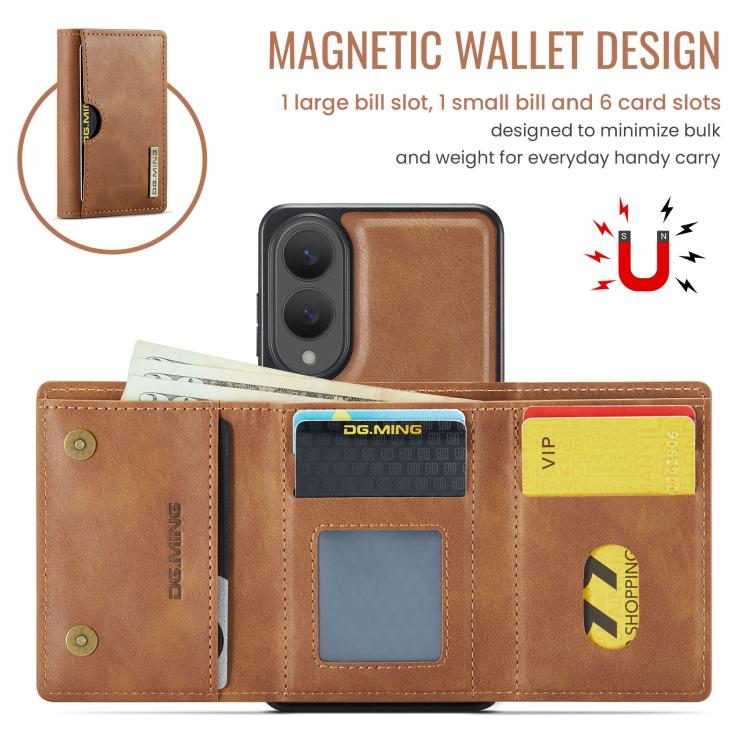 Funda de cuero extraíble para Samsung Galaxy S25 Edge 5G, serie DG.MING M6, con tarjetero RFID de tres pliegues (marrón)
