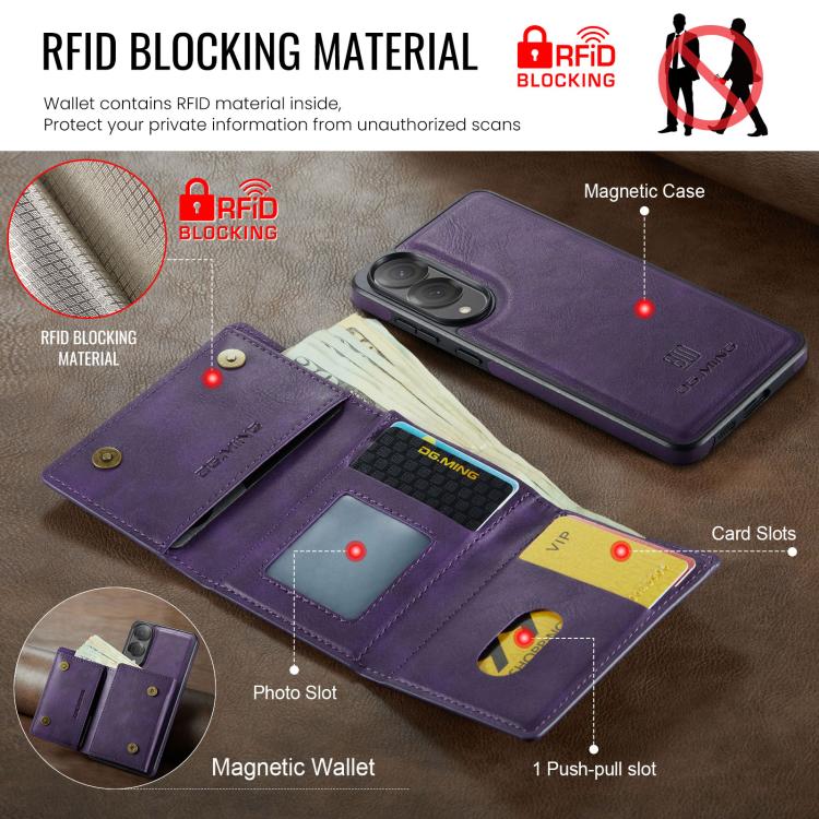 Funda de cuero extraíble para Samsung Galaxy S25 Edge 5G, serie DG.MING M6, con tarjetero RFID de tres pliegues (morado)
