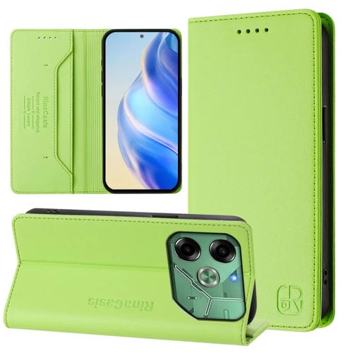Funda de Cuero Rfid para Tecno Pova 6 4G Rc01 con Doble Pliegue y Succión Magnética (Verde Hierba)