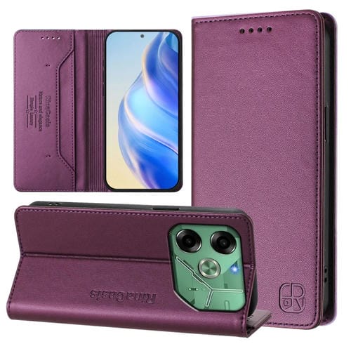 Funda de Cuero Rfid para Tecno Pova 6 4G Rc01 con Doble Pliegue y Succión Magnética (Violeta)