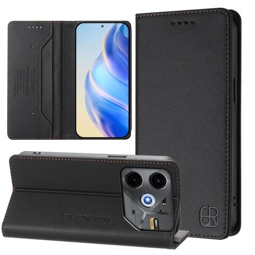 Funda de Cuero para Tecno Pova 6 Neo Rc01 con Doble Pliegue y Succión Magnética Rfid (Negra)