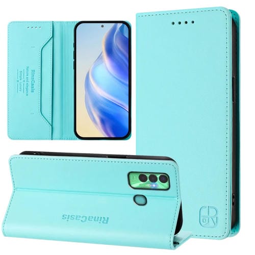 Funda de Cuero Rfid para Tecno Spark 7P Rc01 con Doble Pliegue y Succión Magnética (Verde Menta)