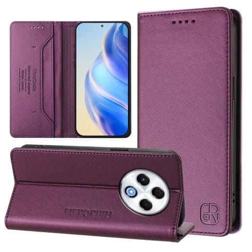 Funda de Cuero con Doble Pliegue y Succión Magnética Rfid para Tecno Spark 30 4G Rc01 (Violeta)