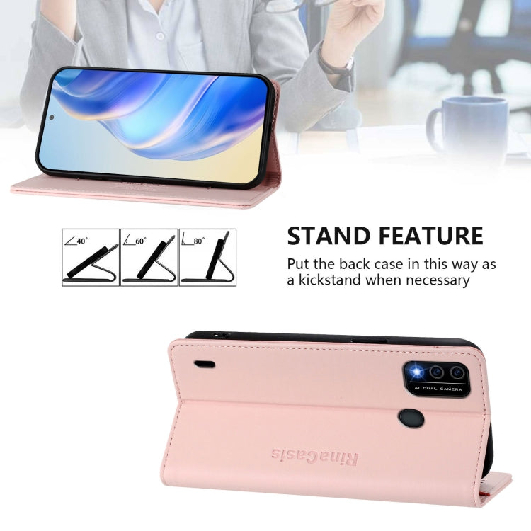 Funda de Cuero Rfid para Teléfono Itel A48 Rc01 con Doble Pliegue y Succión Magnética (Rosa)