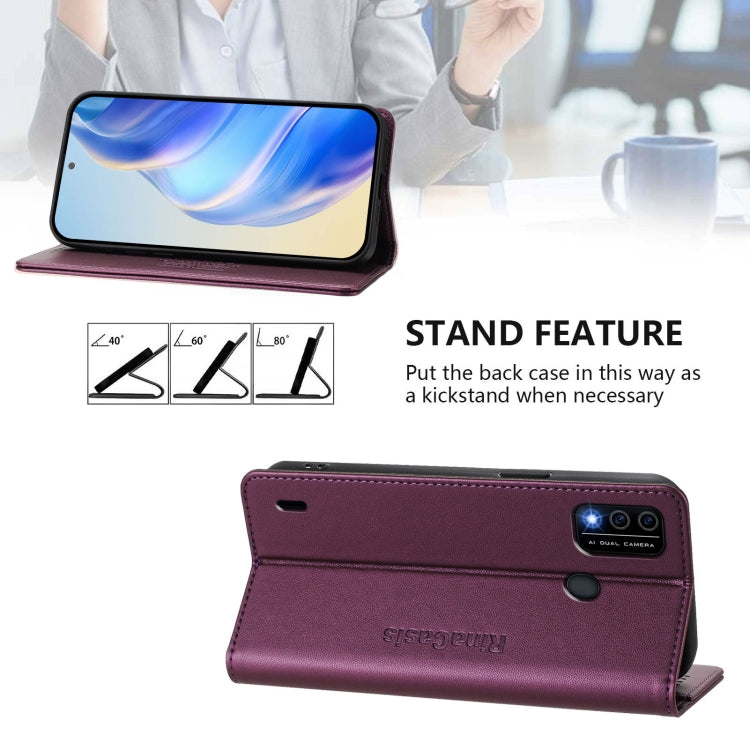 Funda de Cuero Rfid para Teléfono Itel A48 Rc01 con Doble Pliegue y Succión Magnética (Violeta)