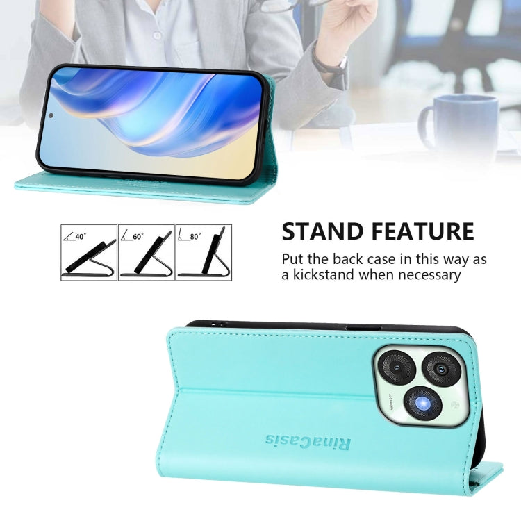 Funda de Cuero Rfid para Teléfono Itel A50 Rc01 con Doble Pliegue y Succión Magnética (Verde Menta)