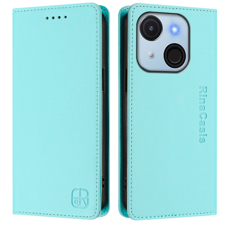 Funda de Cuero Rfid para Teléfono Itel A50C Rc01 con Doble Pliegue y Succión Magnética (Verde Menta)