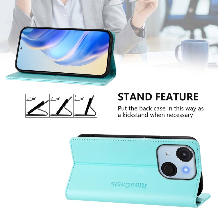 Funda de Cuero Rfid para Teléfono Itel A50C Rc01 con Doble Pliegue y Succión Magnética (Verde Menta)