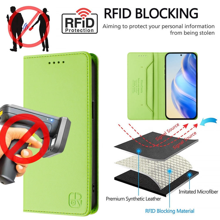 Funda de Cuero Rfid para Teléfono Itel A50C Rc01 con Doble Pliegue y Succión Magnética (Verde Hierba)