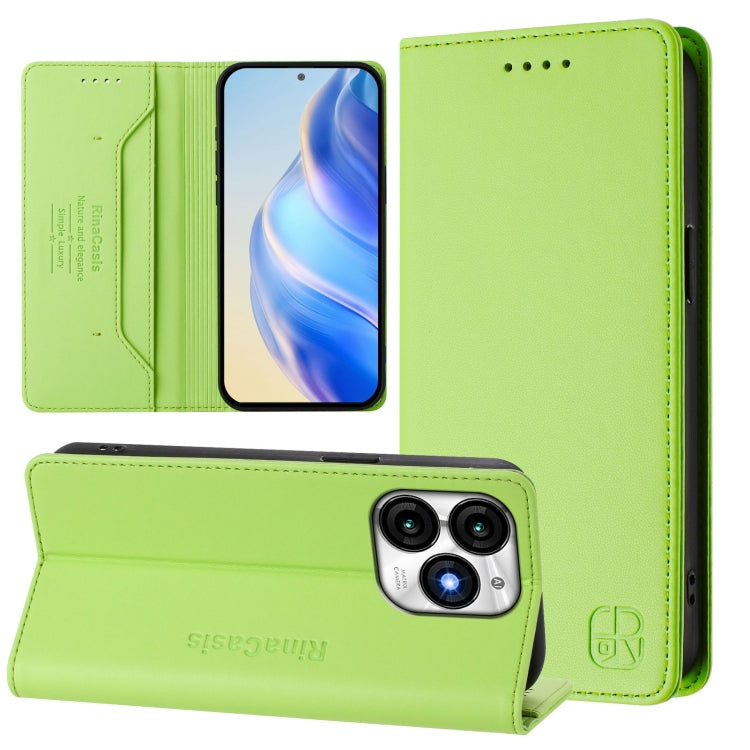 Funda de Cuero Rfid para Teléfono Itel A70 Rc01 con Doble Pliegue y Succión Magnética (Verde Hierba)
