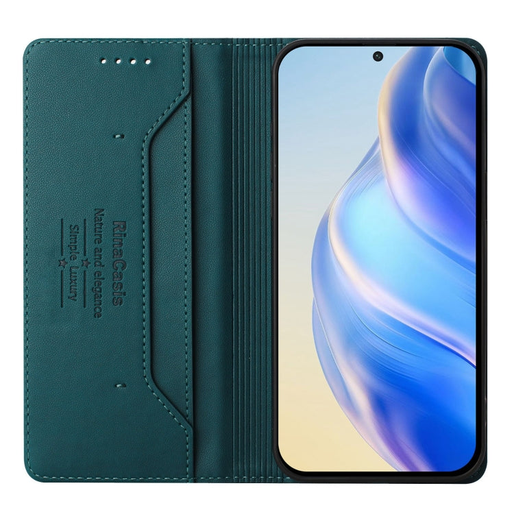 Funda de Cuero Rfid para Teléfono Itel A70 Rc01 con Doble Pliegue y Succión Magnética (Verde Oscuro)