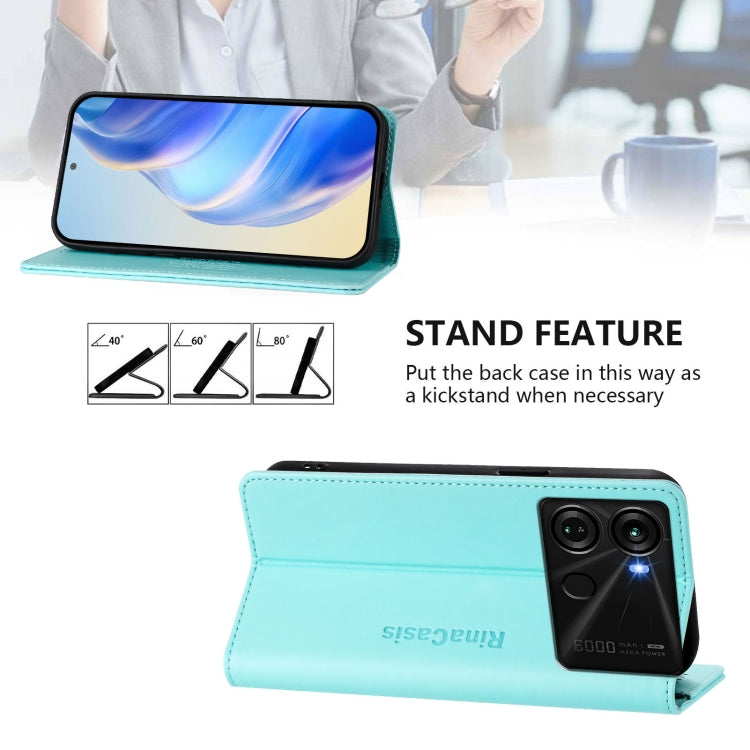 Funda de Cuero Rfid para Teléfono Itel P40 Rc01 con Doble Pliegue y Succión Magnética (Verde Menta)