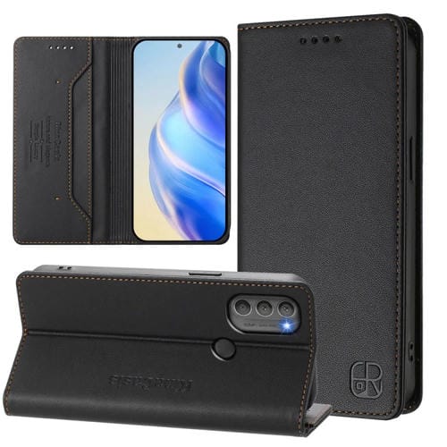 Funda de Cuero con Doble Pliegue y Succión Magnética para Motorola Moto G71 5G Rc01 (Negra)