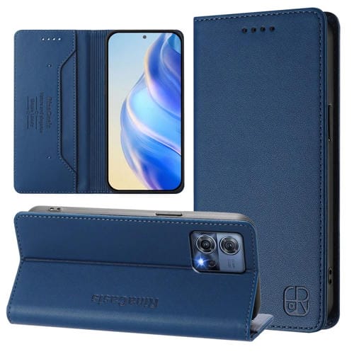 Funda de Cuero con Doble Pliegue y Succión Magnética para Motorola Moto S30 Pro Edge 30 Fusion Rc01 (Azul Oscuro)