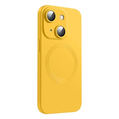 Funda de silicona líquida Magsafe para iPhone 15 Plus con textura de CD (Amarillo Limón)