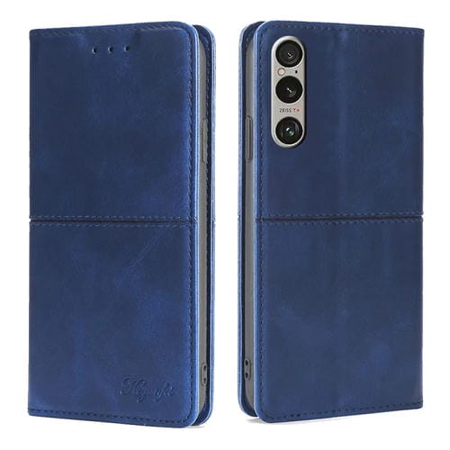 Funda de Cuero Magnética Textura de Vaca para Sony Xperia 1 Vi (Azul)