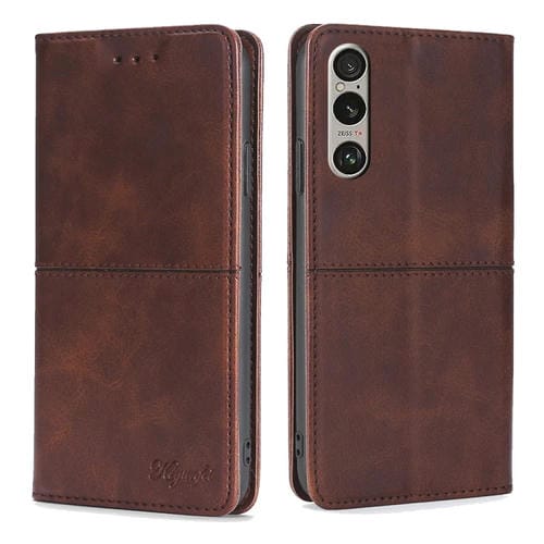 Funda de Cuero Textura de Vaca con Cierre Magnético para Sony Xperia 1 Vi (Marrón Oscuro)