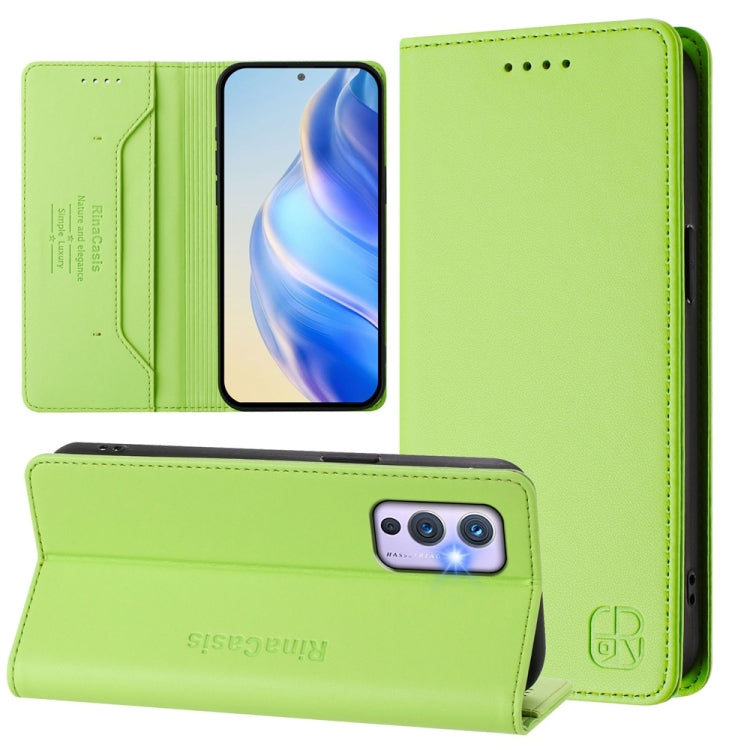 Funda de Cuero con Doble Pliegue y Succión Magnética Rfid para OnePlus 9 Rc01 (Verde Hierba)