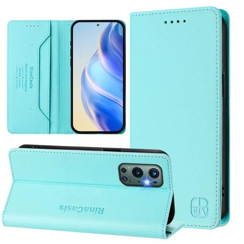 Funda de Cuero con Doble Pliegue Succión Magnética Rfid para OnePlus 9 Pro Rc01 (Verde Menta)