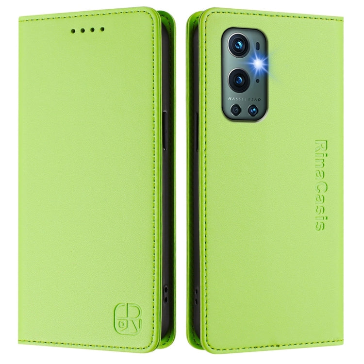 Funda de Cuero con Doble Pliegue y Succión Magnética RFID para OnePlus 9 Pro Rc01 (Verde Hierba)