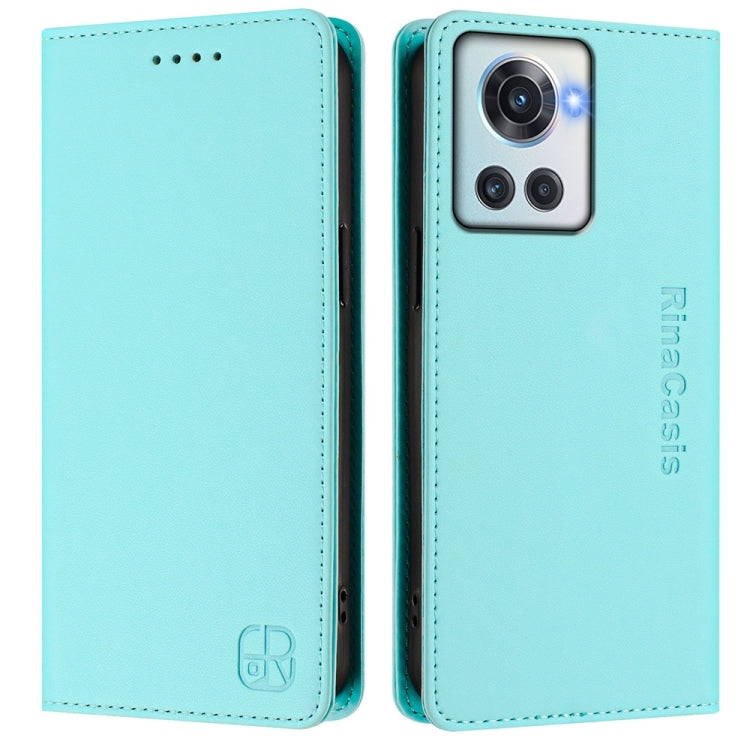 Funda de Cuero Rfid con Doble Pliegue y Succión Magnética para OnePlus 10R/OnePlus Ace Rc01 (Verde Menta)