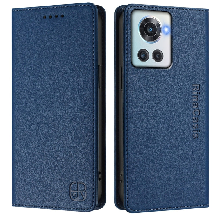 Funda de Cuero con Doble Pliegue y Succión Magnética RFID para OnePlus 10R OnePlus Ace Rc01 (Azul Oscuro)