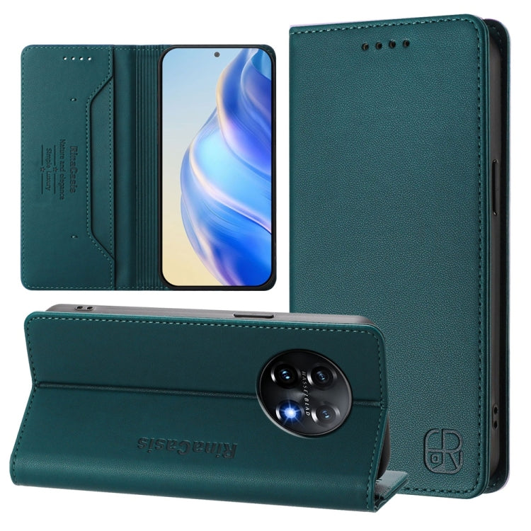 Funda de Cuero con Doble Pliegue y Succión Magnética RFID para OnePlus 11 Rc01 (Verde Oscuro)