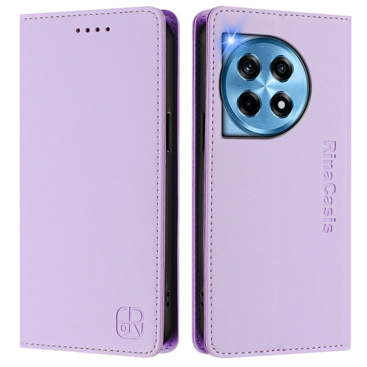 Funda de Cuero con Doble Pliegue y Succión Magnética RFID para OnePlus 12 Global Rc01 (Morado Claro)