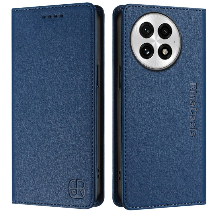 Funda de Cuero con Doble Pliegue y Succión Magnética RFID para OnePlus 13 Rc01 (Azul Oscuro)