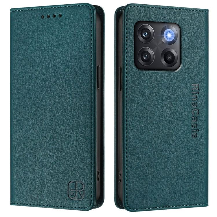 Funda de Cuero con Doble Pliegue y Succión Magnética para OnePlus Ace Pro y OnePlus 10T Global Rc01 (Verde Oscuro)