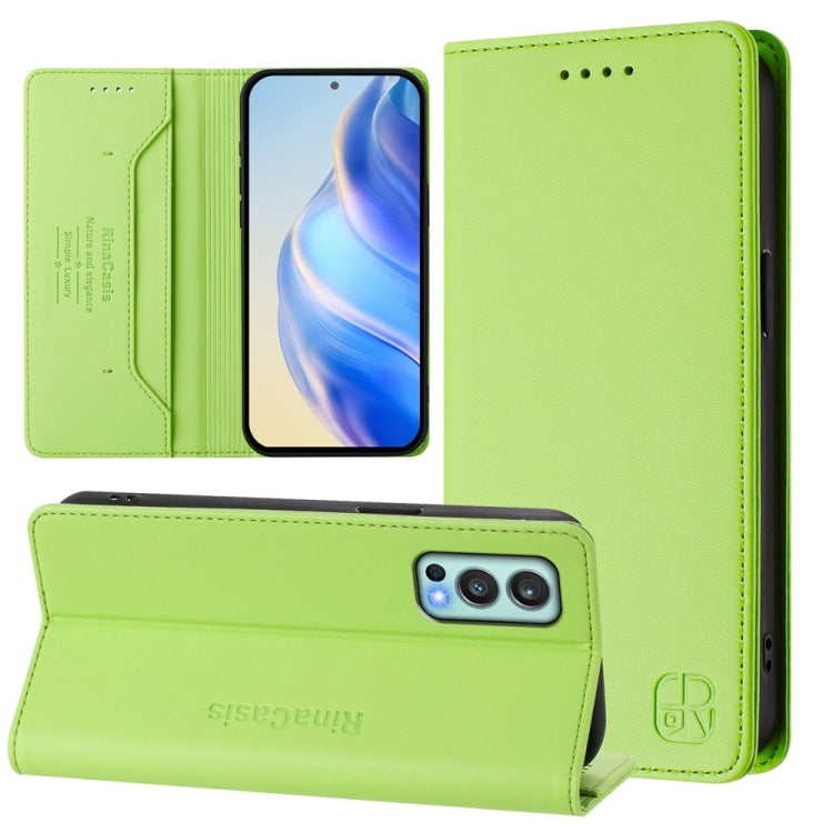 Funda de Cuero con Doble Pliegue y Succión Magnética Rfid para OnePlus Nord 2 5G Rc01 (Verde Hierba)