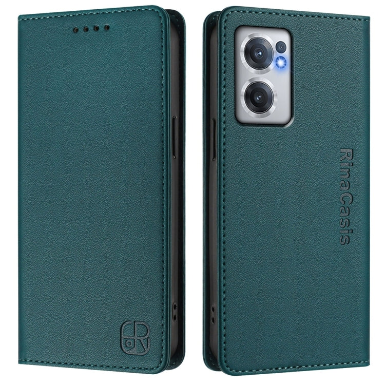 Funda de Cuero con Doble Pliegue y Succión Magnética RFID para OnePlus Nord CE 2 5G Rc01 (Verde Oscuro)