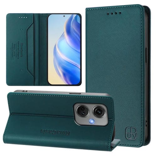 Funda de Cuero con Doble Pliegue y Succión Magnética RFID para OnePlus Nord CE3 RC01 (Verde Oscuro)