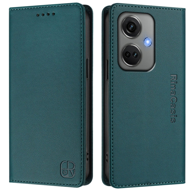 Funda de Cuero con Doble Pliegue y Succión Magnética RFID para OnePlus Nord CE3 RC01 (Verde Oscuro)