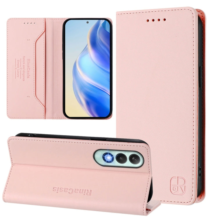 Funda de Cuero con Doble Pliegue y Succión Magnética RFID para OnePlus Nord CE4 RC01 (Rosa)
