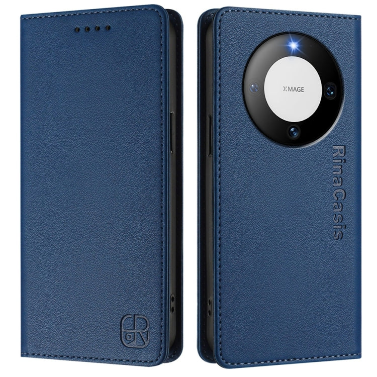Funda de Cuero con Doble Pliegue y Succión Magnética RFID para Huawei Mate 60 Rc01 (Azul Oscuro)