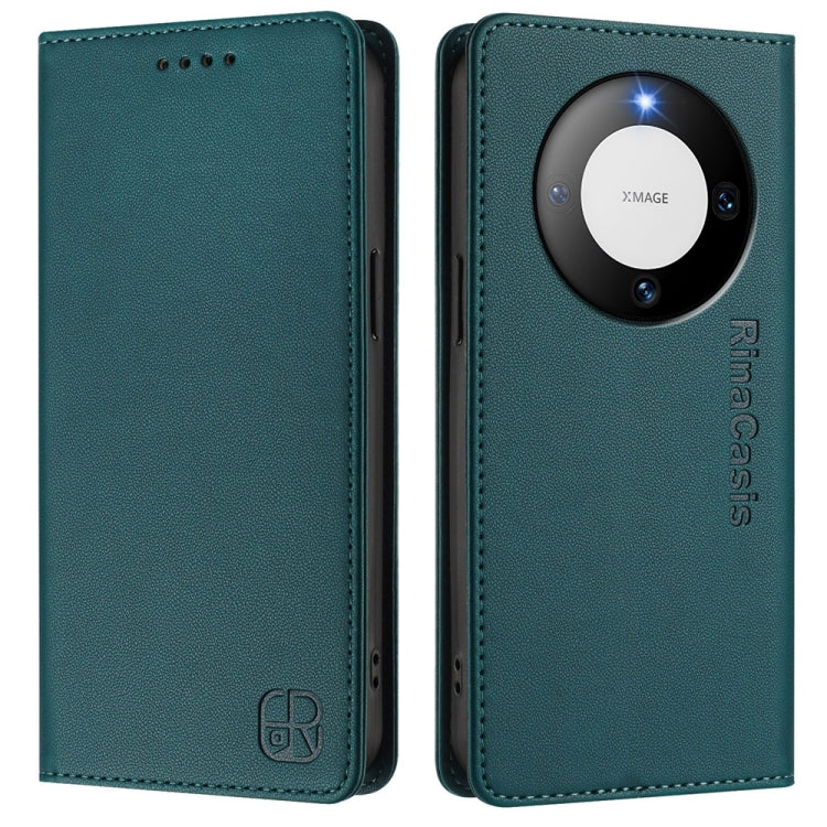 Funda de Cuero con Doble Pliegue y Succión Magnética RFID para Huawei Mate 60 Rc01 (Verde Oscuro)