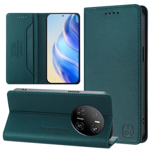 Funda de Cuero con Doble Pliegue y Succión Magnética Rfid para Huawei Mate 70 Rc01 (Verde Oscuro)
