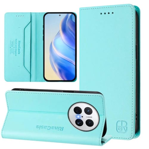 Funda de Cuero Huawei Mate 70 Pro Rc01 con Doble Pliegue y Succión Magnética (Verde Menta)